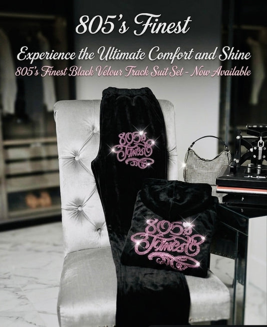 805’s Finest Black Velour Tracksuit set in Pink Rhinestone