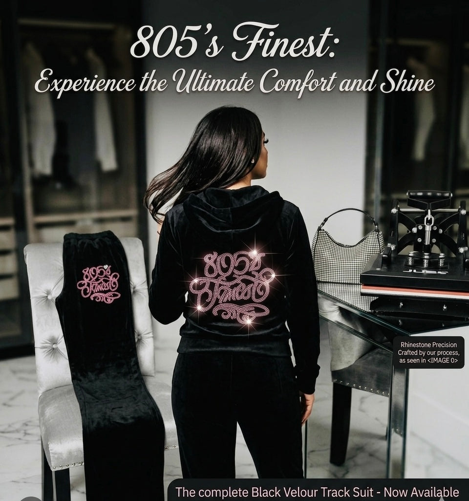 805’s Finest Black Velour Tracksuit set in Pink Rhinestone