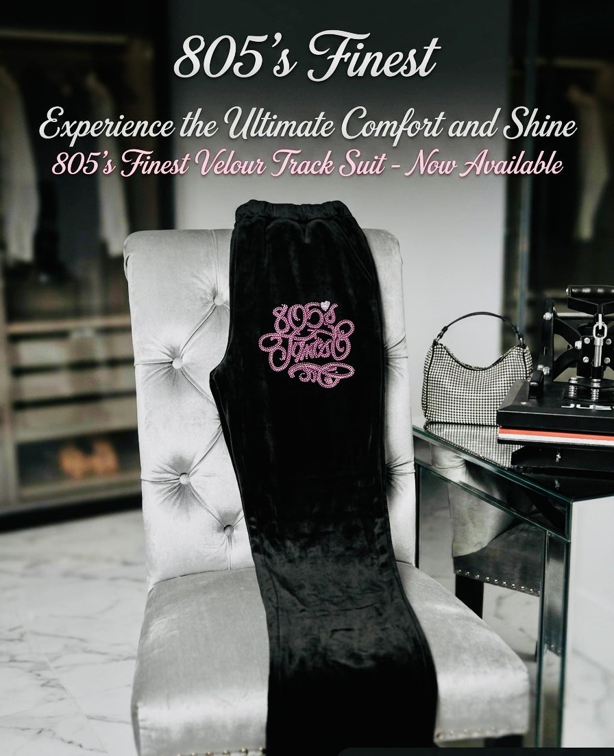 805’s Finest Black Velour Tracksuit set in Pink Rhinestone