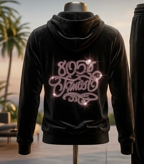 805’s Finest Black Velour Tracksuit set in Pink Rhinestone