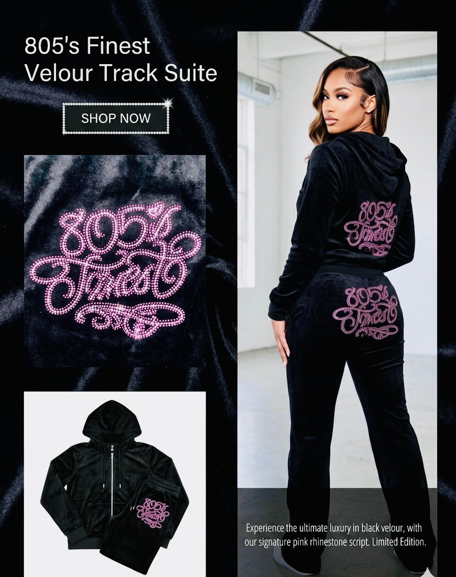 805’s Finest Black Velour Tracksuit set in Pink Rhinestone