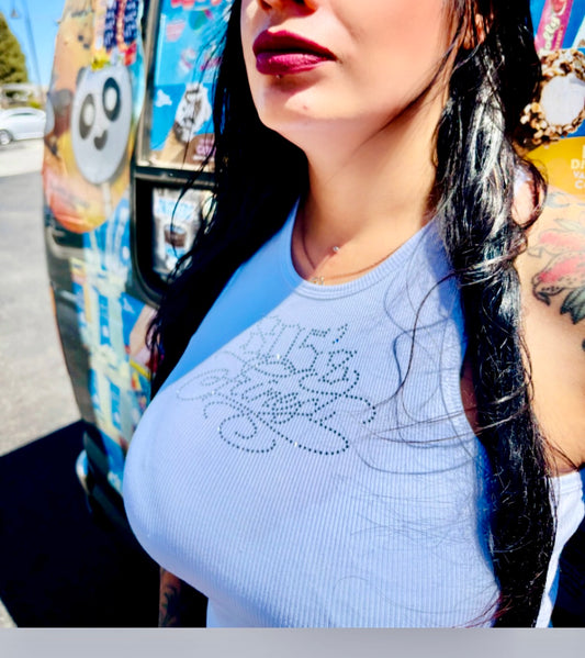 White 805’s Finest clear Rhinestone tank top